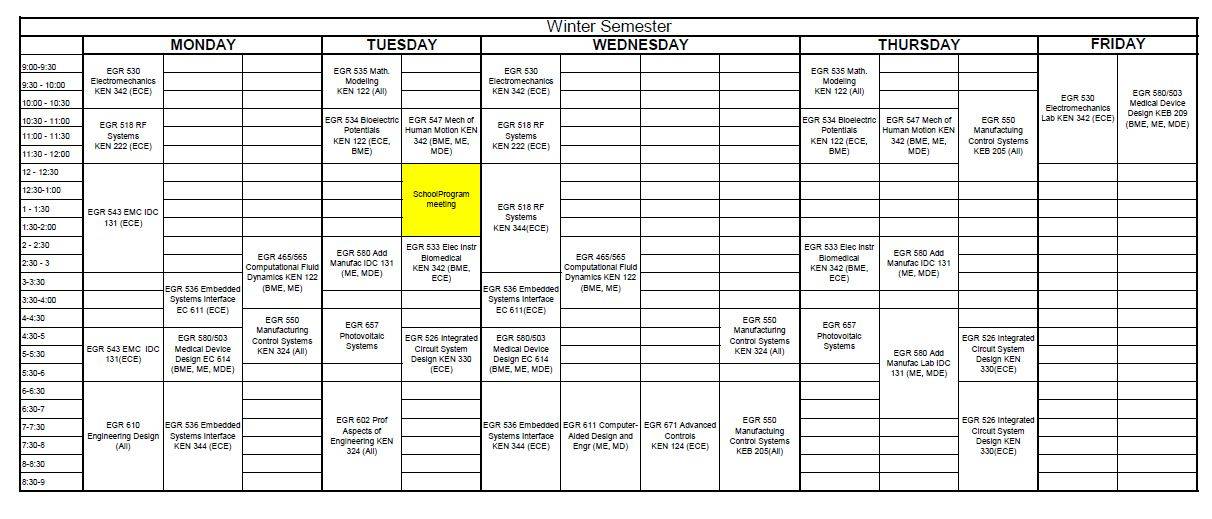 Graduate class schedule for W26